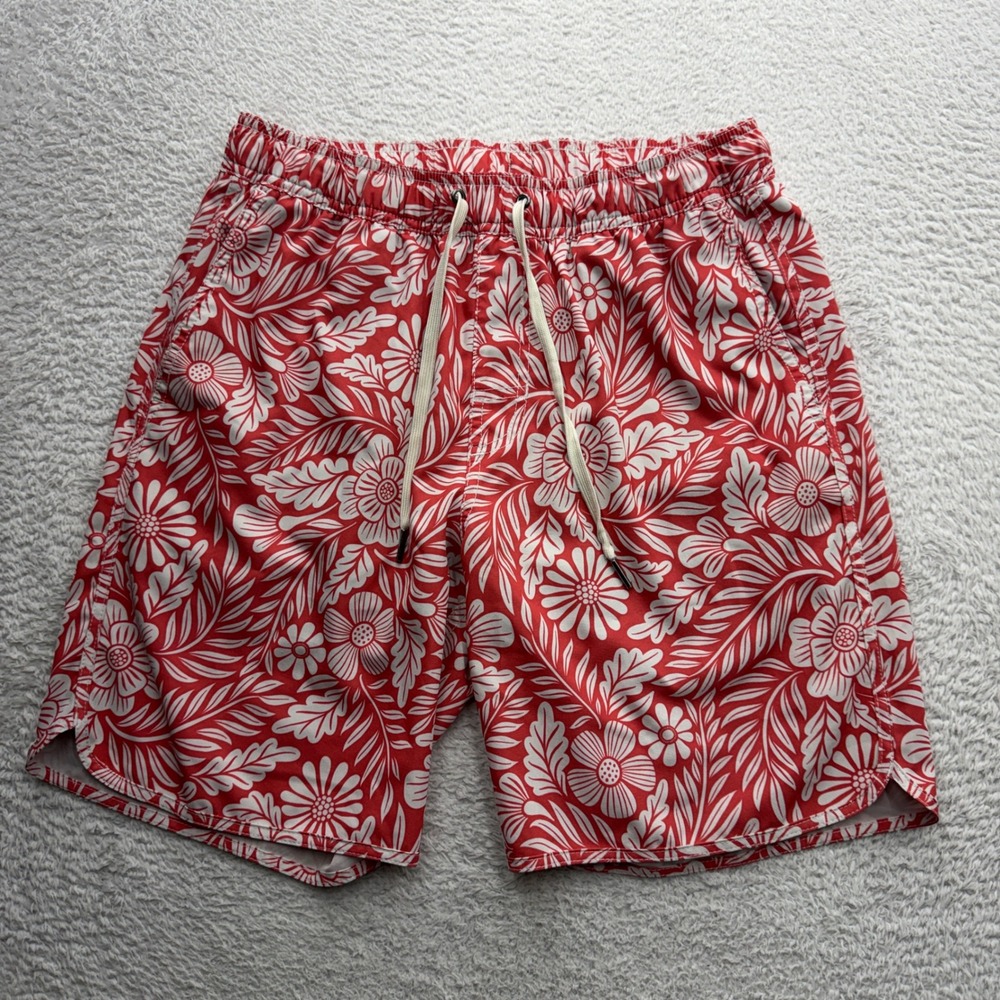 Fair Harbor Mens Red White Floral Hibiscus Swim Trunks Board Shorts Size M